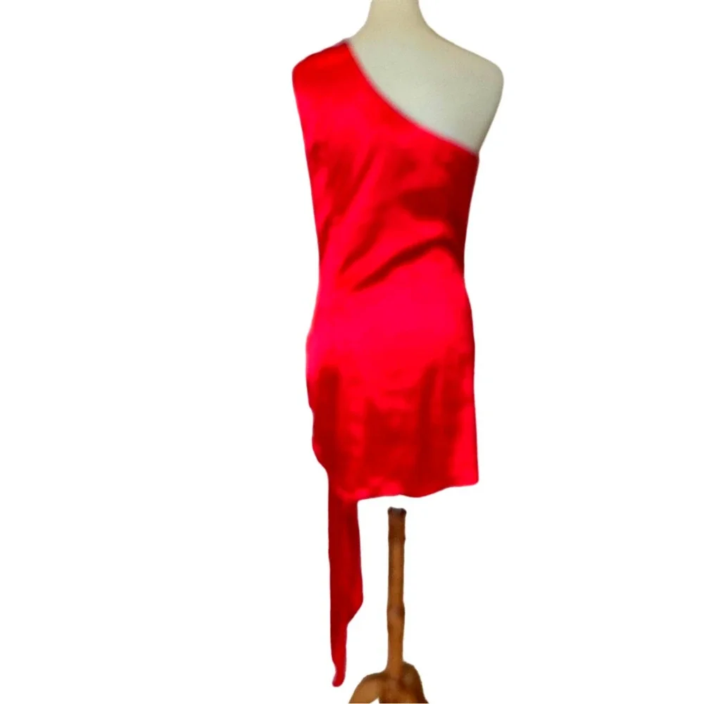 Superdown One Shoulder Mini Dress Red XXS Ruched Bodycon Cocktail Satin NEW - Picture 6 of 7